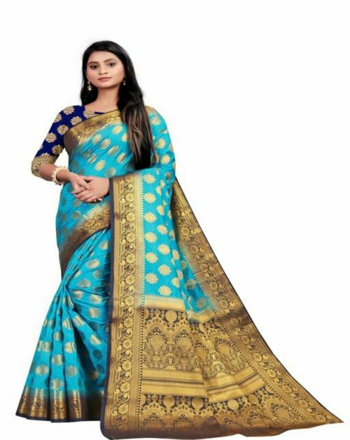 BANARASI LOTUS DESIGN SILK SAREE-FIROZI NAVYBLUE