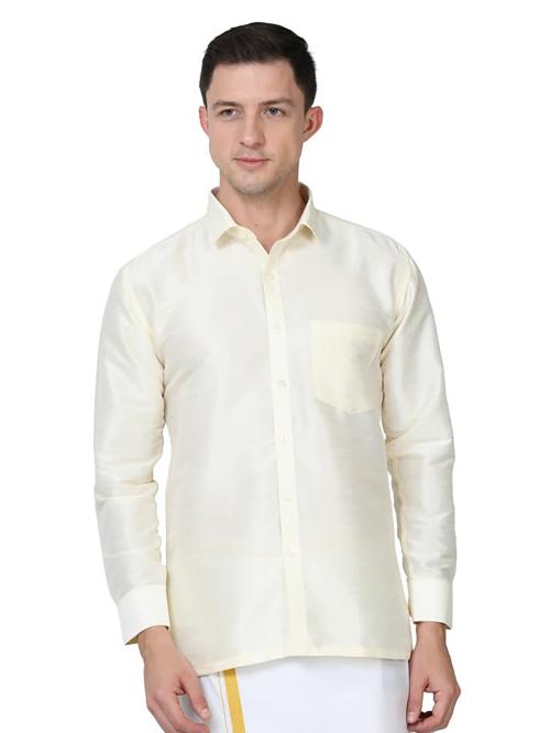 SCNC Men's Traditional Dupion Silk Full Sleeve Solid Tailored Fit Cream Cutaway Collar Shirt