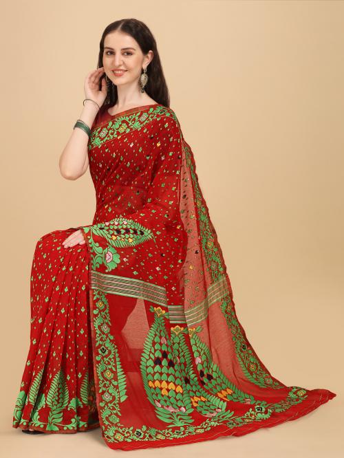 women fancy Dhakai base West Bengal type Woven saree Red Green