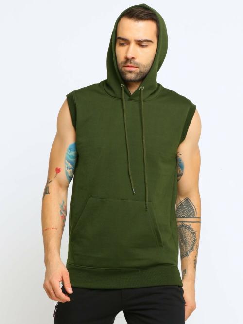 Maniac Sleeveless Solid Mens Hooded Olive Cotton Sweatshirt