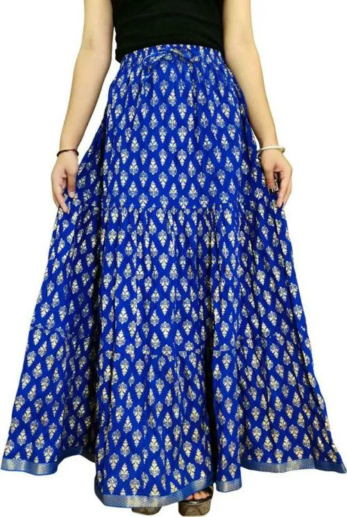 Kastoori Collection Women Cotton Blend Blue Floral Print A-Line Skirt