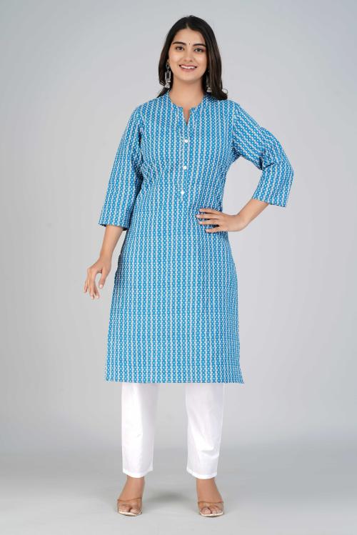 Indiwest Blue Striped Printed Straight Cotton Kurta
