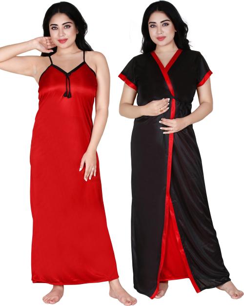 Buy Loody'S Women Black, Red Solid Pure Satin Set Of 2 Night Dress Robe