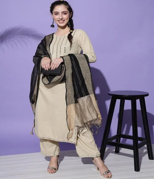 Sitaram Designer Women Cotton Anarkali Style Mirror Work Kurti , Palazzo & Duptta Set