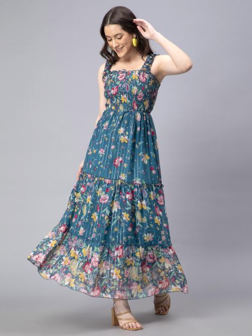 Floral Printed Smocked Tiered Dress | Maxi Dress with Square Neck for Women