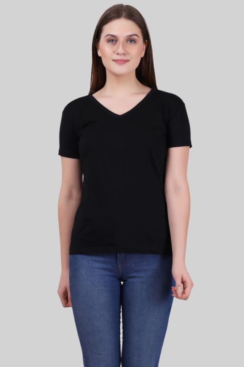 Fleximaa Women's Cotton Black V Neck Half Sleeve T-Shirt
