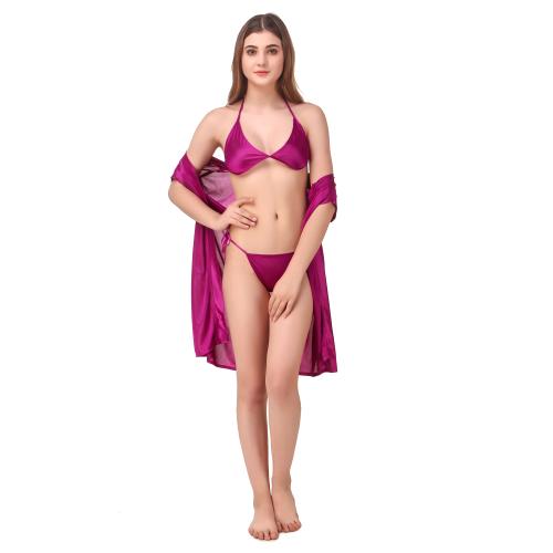 REPOSEY Women's Satin Short Robe with Bra and Thong Set of 3 pcs(3PC301-336_Magenta) (Free Size)