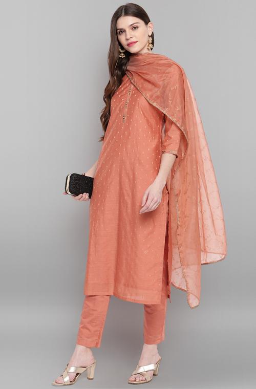 Janasya Women's Peach Poly Muslin Straight Kurta with Pant And Dupatta