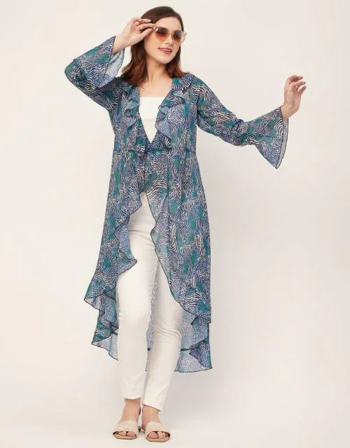 Moomaya Long Sleeves V Neck Ruffle Regular Fit Printed Women's Ruffle Shrug