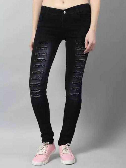 HOVAC Black One Butoon Dmage Design Women Denim Jeans