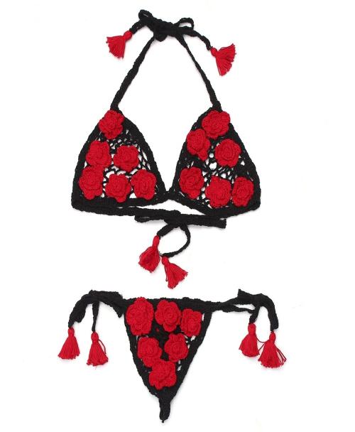 AAYAN BABY Women's Free Size Black Color Handmade Crosia Crochet Lingerie Set | Fit to Size Small, Medium, Large (63017-BK-RD)