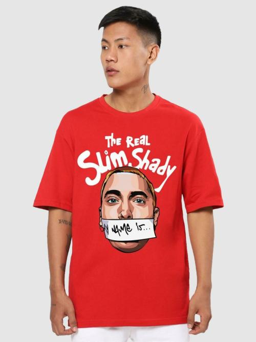 Bewakoof Men's Real Slim Shady Red Graphic Print Round Neck Half Sleeve Oversized Fit T-Shirt