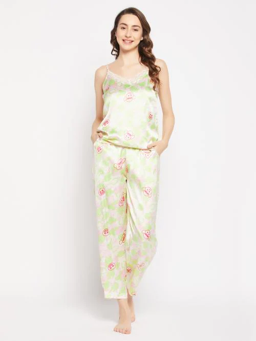 Clovia Emoji Print Cami Top & Pyjama Set in White - Satin