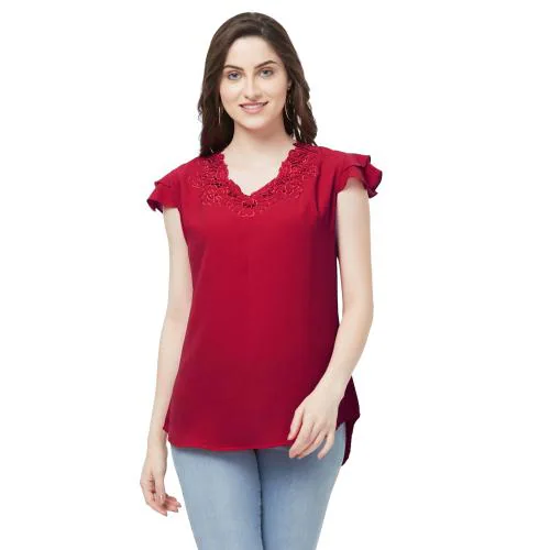 Go.4.it Women's Double Frill Cap Sleeves Top with Cutwork Embroidery On Neck