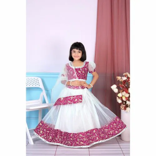 KidsFlowerGirls Embroidered Top with Lehenga and Net Dupatta | Colour-White-Pink | Size - 6-7Y