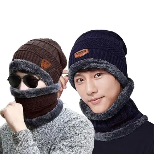 ZURU BUNCH Set of 2 Beanie Cap with Neck Warmer Set Knit Hat Thick Fleece Lined Winter Hat for Men & Women.