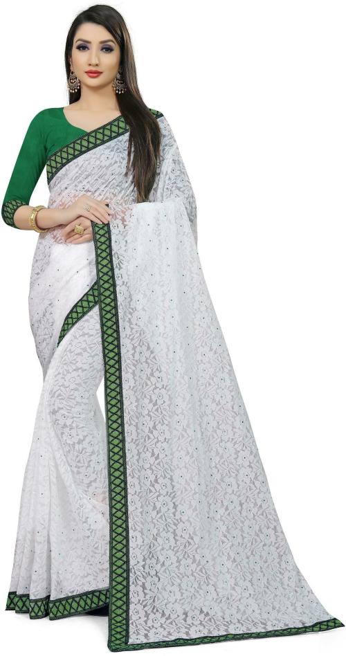 CLOMITA Embellished Bollywood Brasso, Satin Saree (White, green)