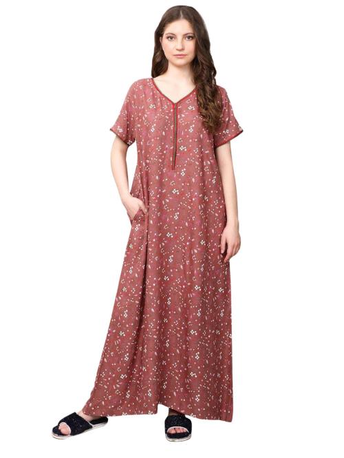 Evolove Women Brown Viscose Liva Long Maxi Night Gown Nighty Dress With Pocket (Xl)