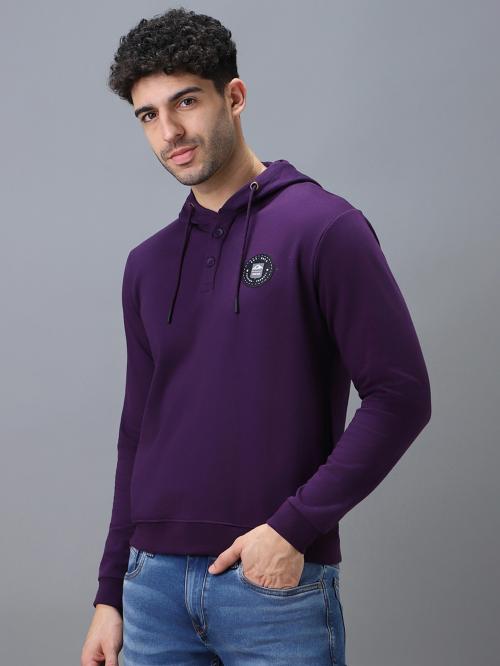 Urbano Fashion Men's Purple Cotton Solid Button Hooded Neck Sweatshirt