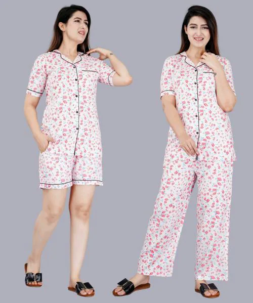Mintmarie Women's Rayon Printed Pink Nightsuit 3 Piece Set (Shirt, Pyjama & Shorts)-3XL