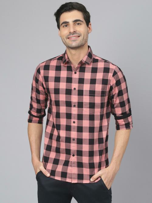 Dennis Lingo Men's Slim Fit Cotton Checkered Full Sleeves Casual Shirt (Pink)