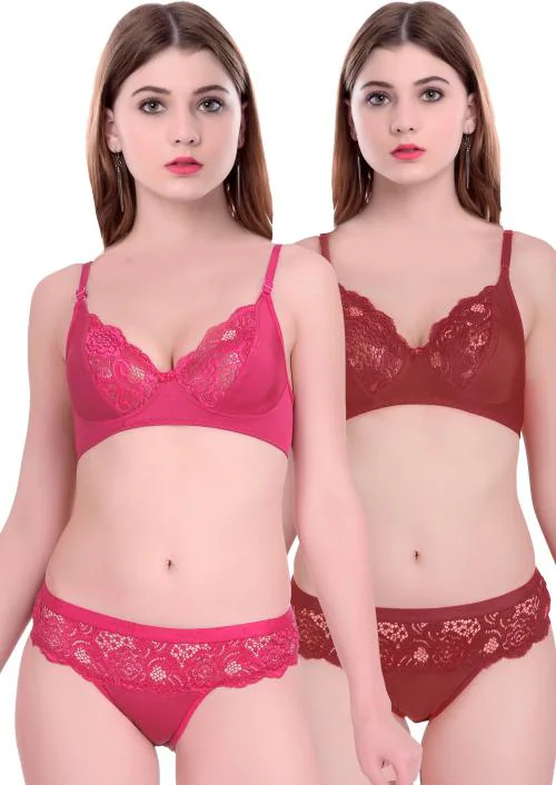 In-Curve -Women Net Bra Panty Set for Lingerie Set ( Pack of 2 ) ( Color : Pink,Maroon ) ( Pattern : Floral Print )