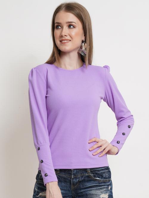 Popwings Button Styling Button Puff Long Sleeves Women Lavender Top
