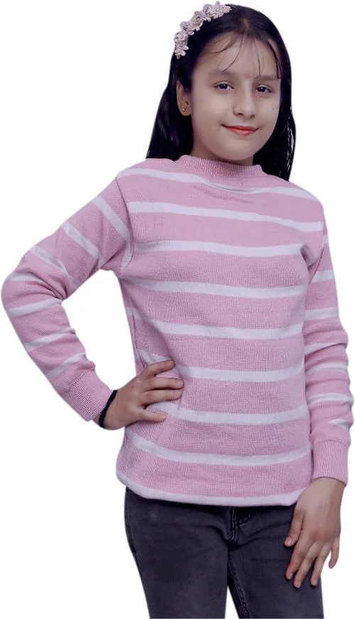 Selcan Girls Woven Round Neck Pink, White Sweater
