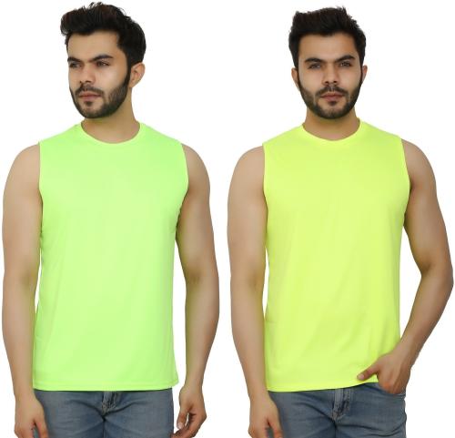 PRIME PLUS Neon Green and Yellow Solid Round Neck Gym Vest - XXL (Pack of 2)