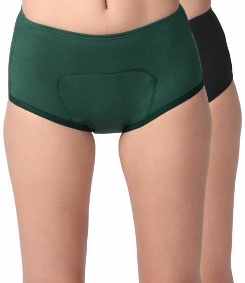 Adira | Period Panty Boxer For Women | Boxer Fit For High Flow | Reusable | With Support Patch For Pad | Leakproof & Skin Friendly | For School, Travel & Work | Pack Of 2 | Green & Black | XXS