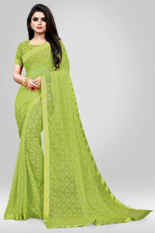 VANRAJ CREATION Women Light Green Self Design Net Saree