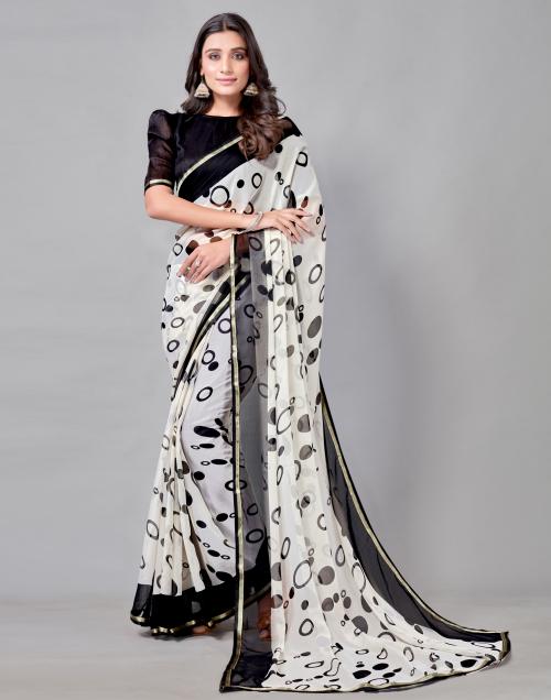Siril Women White & Black Printed, Geometric Print, Embellished, Floral Print Chiffon Saree | sarees for Women| saree | sarees