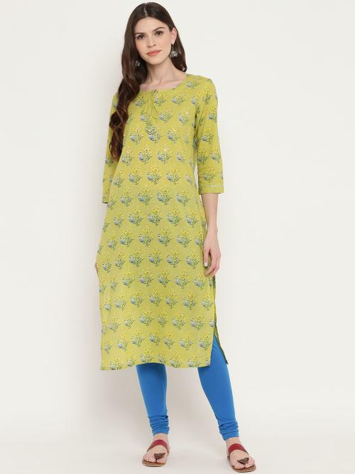 Vbuyz Women'S Floral Print & Mirror Work Straight Cotton Parrot Green Kurta