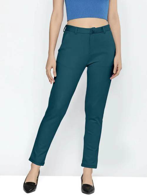 AJ Brothers Women Dark Blue Solid Lycra Blend Regular Fit Trousers (36)