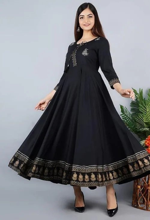 Hustiger Women's Rayon Embroidery Gown (Black-3XL)