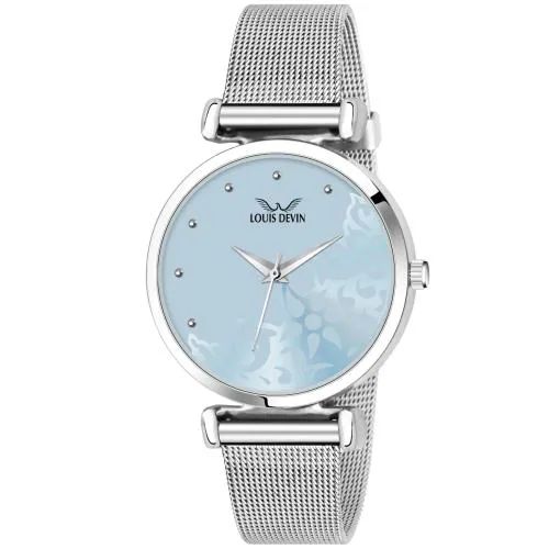 Louis Devin Blue Dial Mesh Steel Chain Analog Wrist Watch for Women | LD-L157-BLU-CH