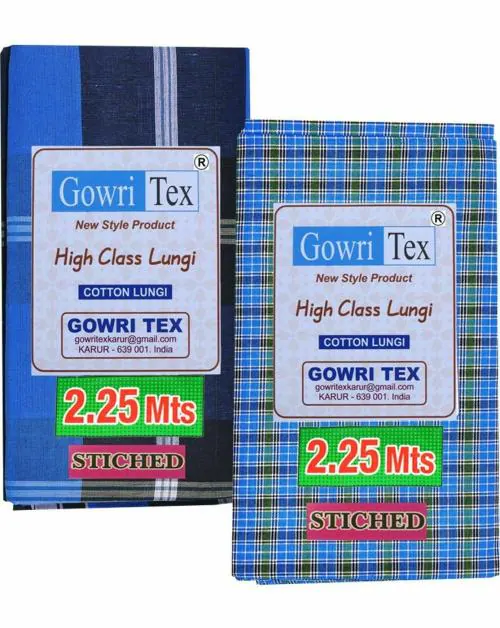 GOWRI TEX Men Multicolor Checkered Cotton Blend Stiched Lungi - Free Size (Pack of 2)