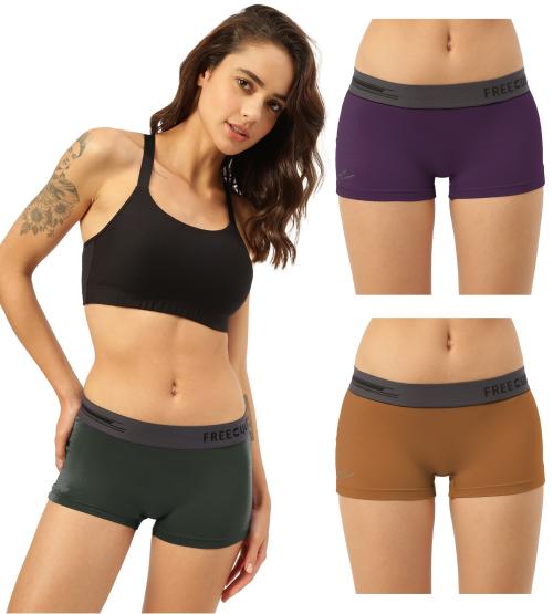 FREECULTR Women's Seaweed Green, Trippy Violet, Bourbon Yellow Solid Modal Boyshorts