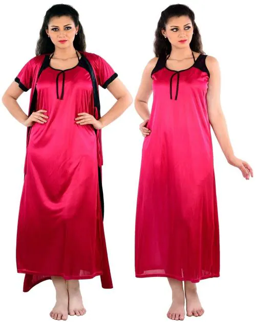 Women's Night Dress and Nighties Red Satin Nightwear 2pc Robe & Nighty Set