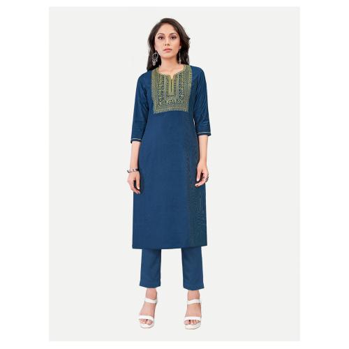 RITI Women Peacock Blue Embroidery Yoke Work Kurta-XL