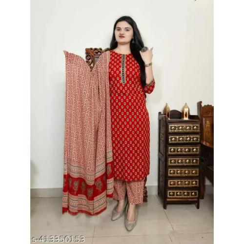 VESTIMENTO Women Red Printed Kurti Pant With Duppata Set