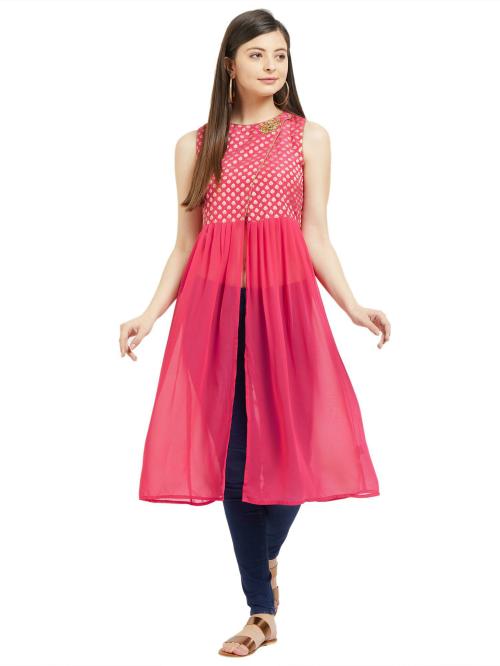 Fusion Beats Women Pink Printed Polyester Kurta