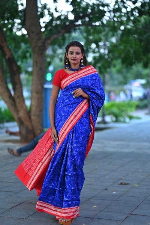 BigRayn Blue Red Mathematics Handloom Sambalpuri Silk Saree-Odisha Weaves