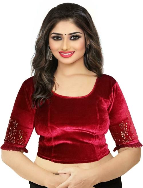 PU Fashion Women Maroon Embellished Velvet Blouse