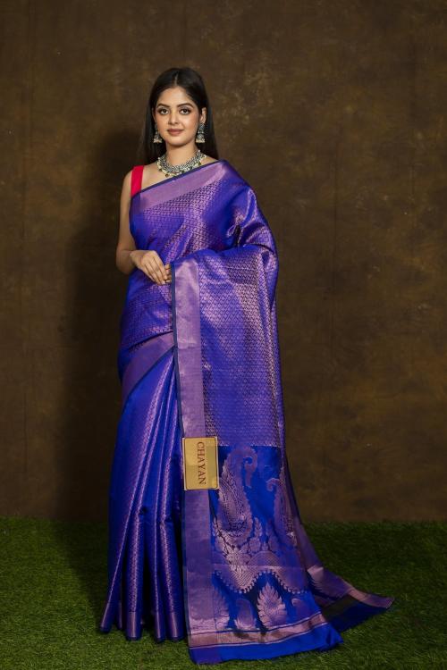Chayan Blue & Golden Ethnic Motifs Zari Woven Desing Banarasi Sarees With Blouse Piece