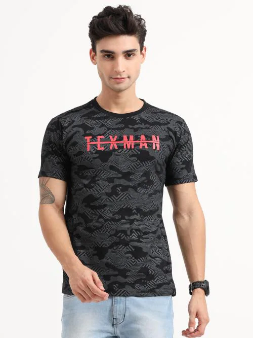 Texman Men's Black Round Neck T-Shirt with Camouflage Print Graphic, Size XL