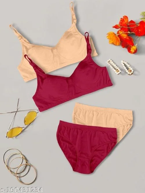 LAK 18 Women Cotton Bra Panty Set Non-Padded Non-Wired Full Coverage Regular Lingerie Set Lingerie Set Bridal Bra Panty Set (BEIGE-MAROON) (Pack of 2) - SIZE-32