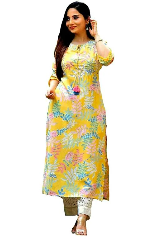 Femeone Women Yellow Cotton Kurti with Chikan lace Work Pant Set - 3XL