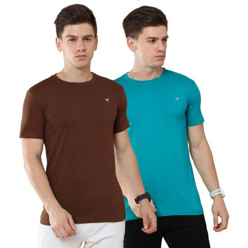 Hifaber Multi Color Solid Cotton Pack of 2 Round Neck T-Shirts - L