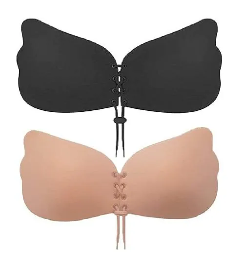 DJ FINDER Sticky Push Up Adhesive Invisible Backless Bra Magic Nipple Covers Strapless Bra -2 Pairs (1 Black & 1 Brige